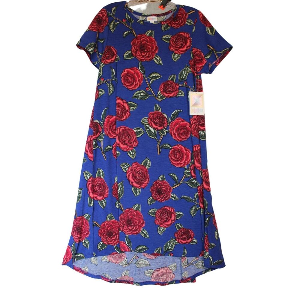 LuLaRoe Carly Size Small Blue with‎ Red Floral Print Hi Low Dress